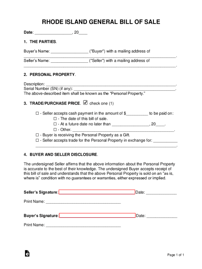 Rhode Island General Personal Property Bill of Sale  Form