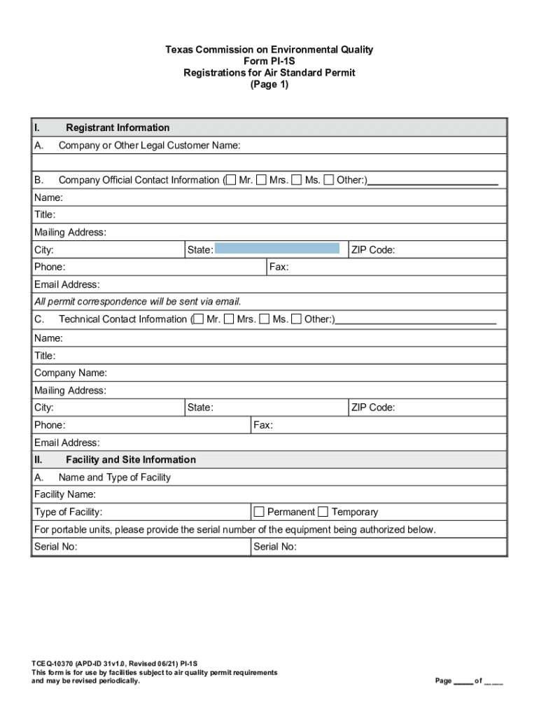  TCEQ Registrations for Air Standard Permit Form PI 1S Instructions and Form TCEQ Registrations for Air Standard Permit Form PI 1 2021-2024