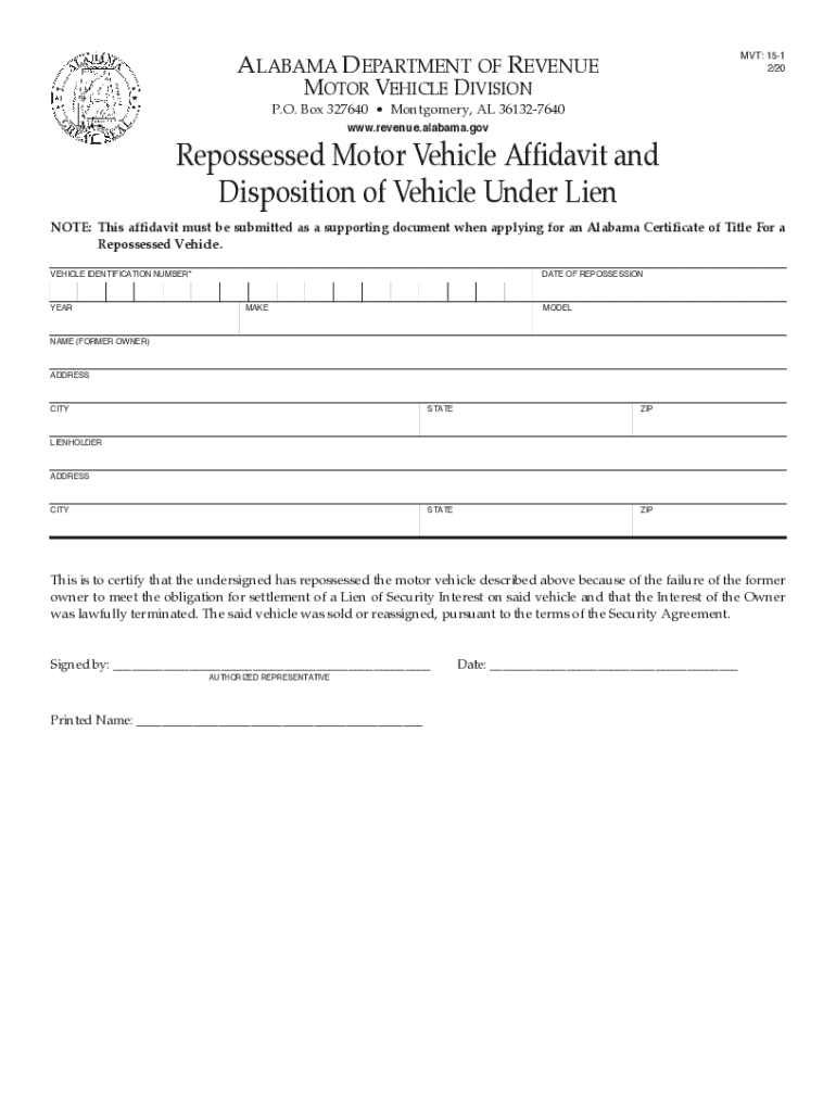  DownloadRepossessed Affidavit Dispostion of Motor Vehicle under 2020-2024