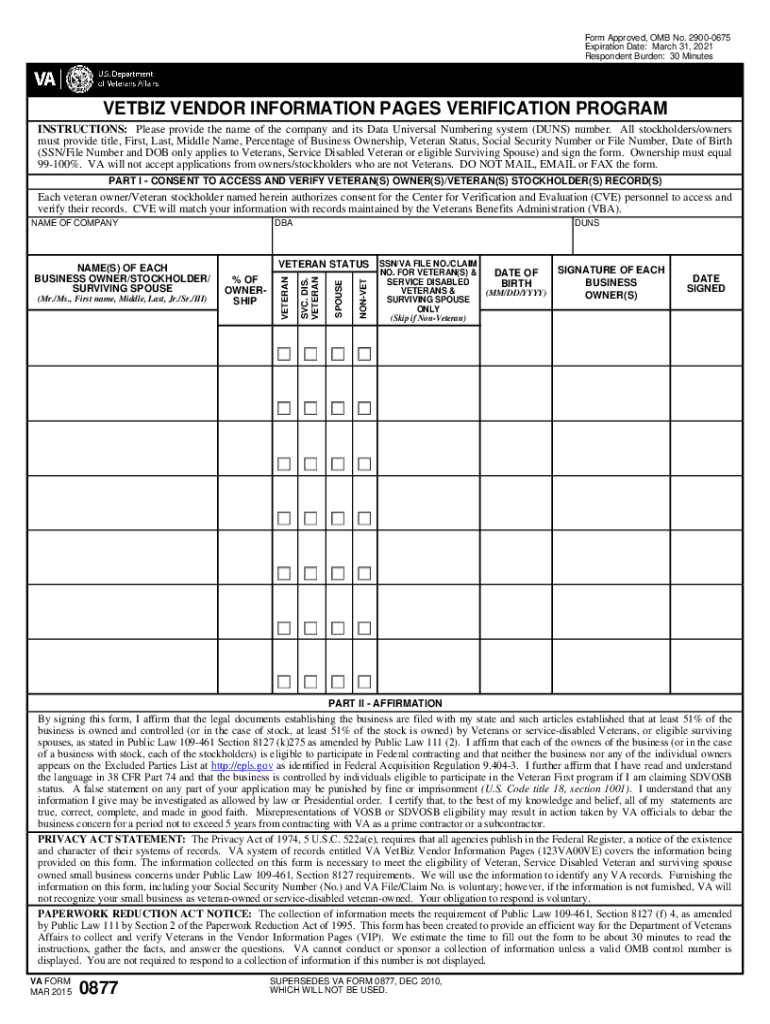  VA Form 0877, VETBIZ VENDOR INFORMATION PAGES VERIFICATION PROGRAM 2015