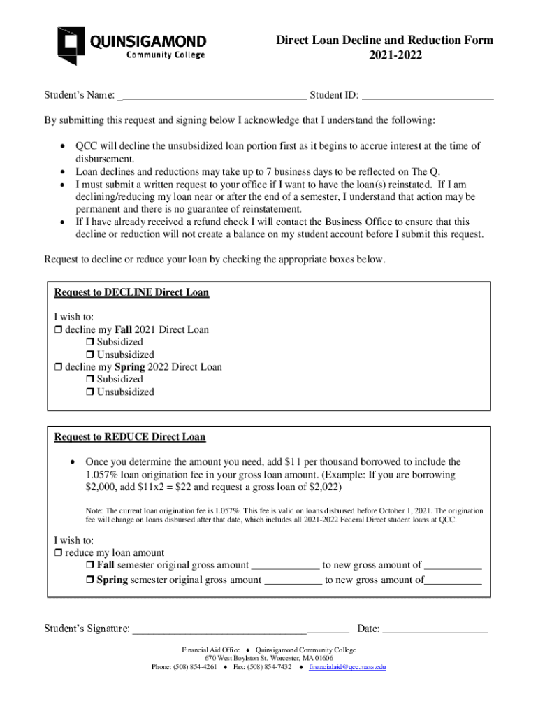 Direct Loan Decline and Reduction Form Summer Qcc Edu