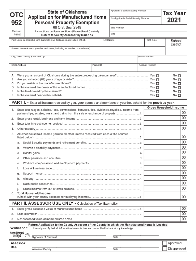  Form 952 Application for Manufactured Home Personal Property Exemption 2021