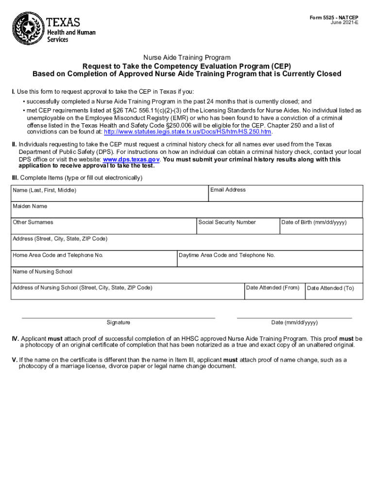 Request to Take the Competency Evaluation Program CEP Based on Completion of Approved Nurse Aide Training Program that is Curren  Form