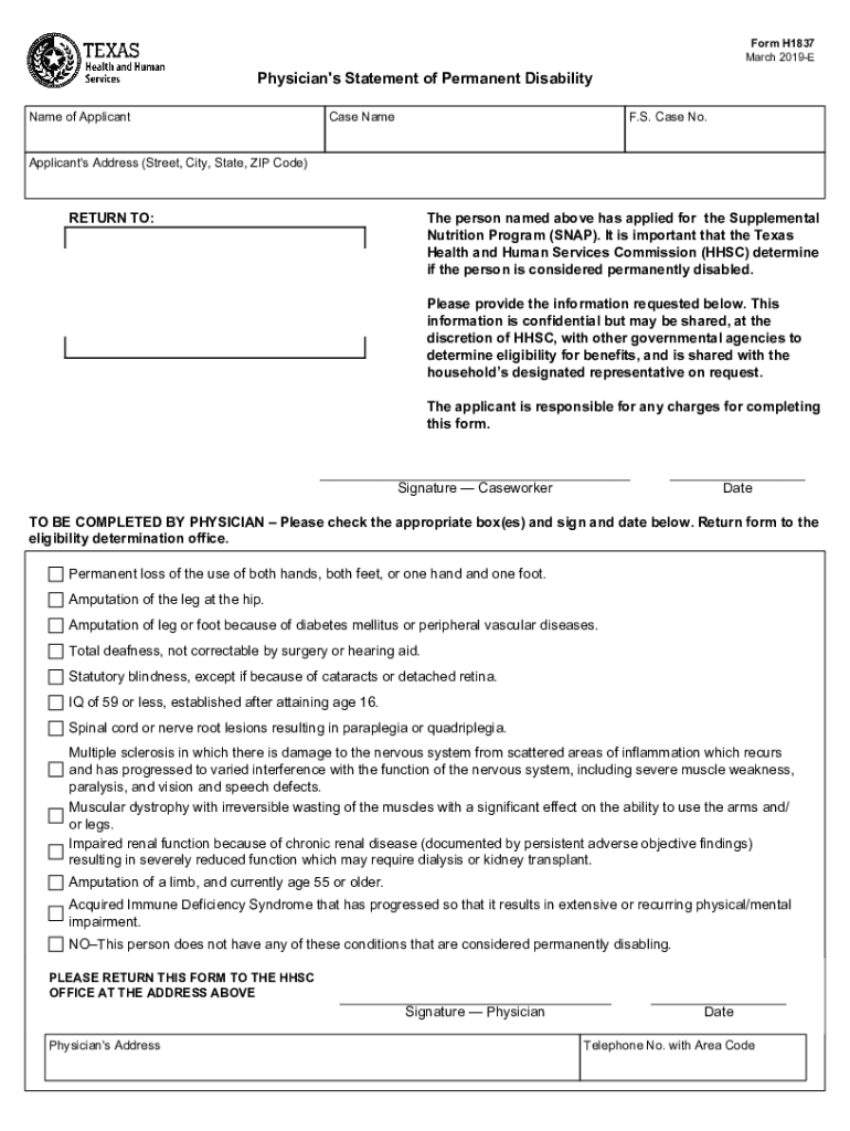  Physicians Statement of Permanent Disability Form H1837 2019-2024