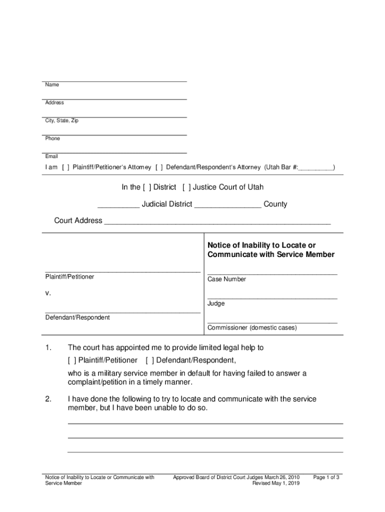 Notice of Inability to Locate or Communicate with Service Member Notice of Inability to Locate or Communicate with Service Membe  Form