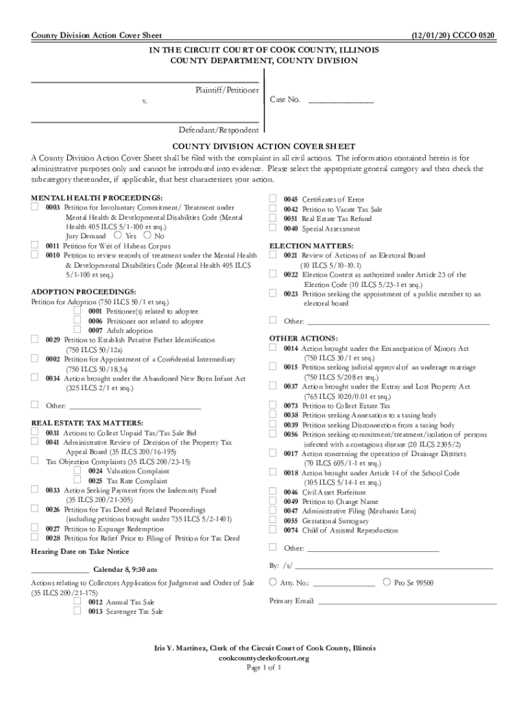 County Division Action Cover Sheet 120120 CCCO 0520 in  Form