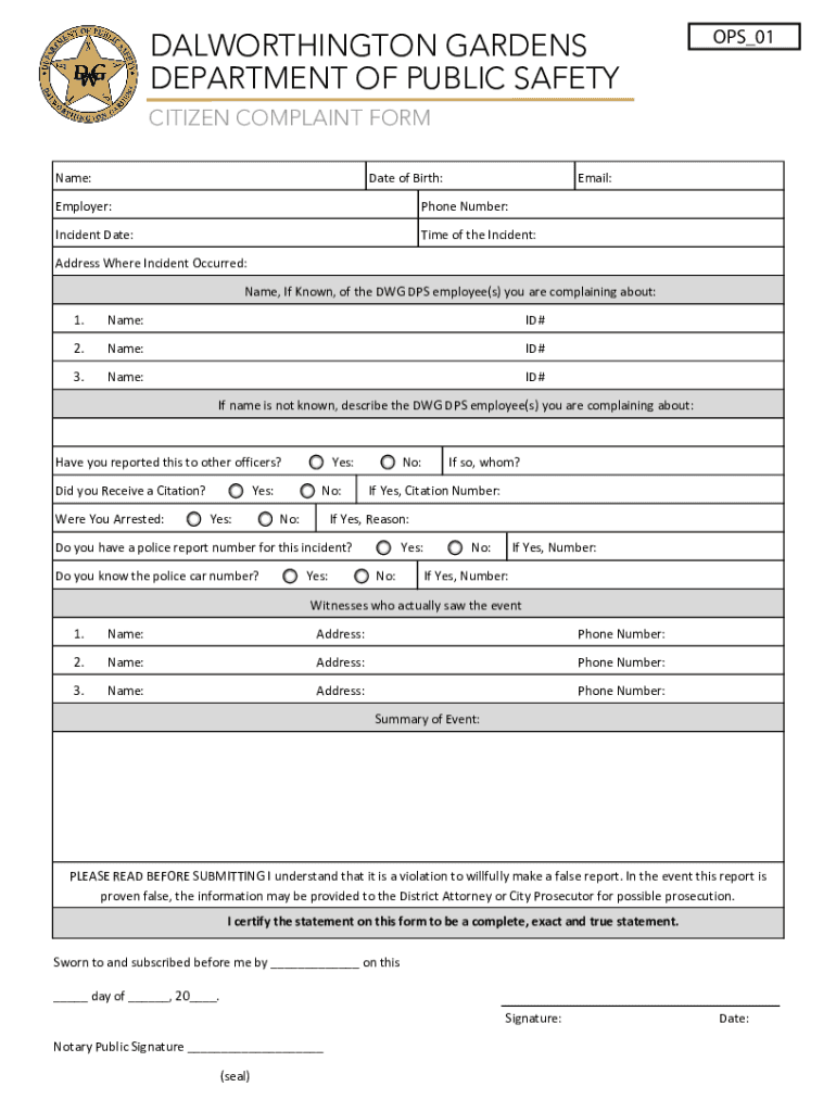 WORTHINGTON GARDENS DEPARTMENT of PUBLIC SAFETY01  Form