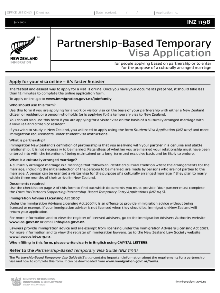  INZ 1198 Partnership Based Temporary Visa Application 2021-2024