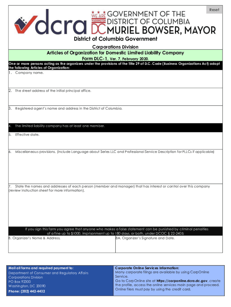 Instruction Sheet for Articles of Organization for Domestic  Form