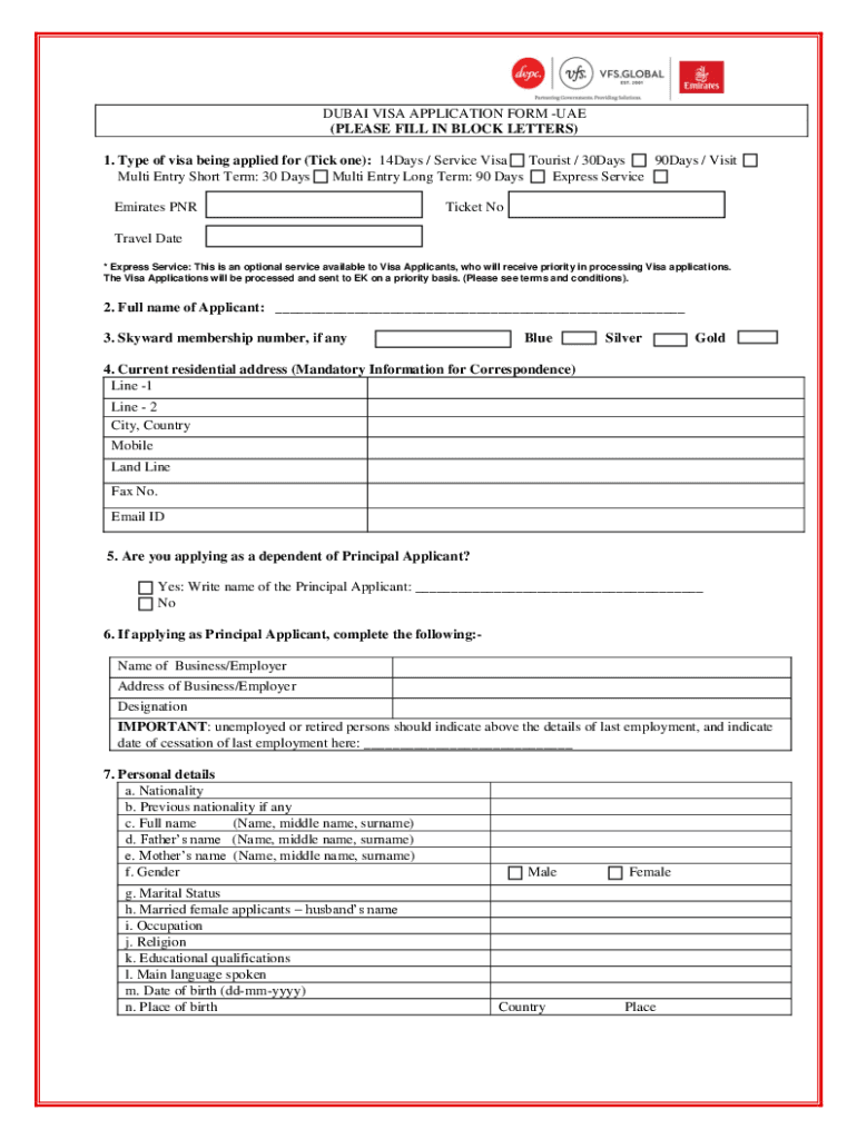  DUBAI VISA APPLICATION FORM UAE PLEASE FILL in BL 2018-2024