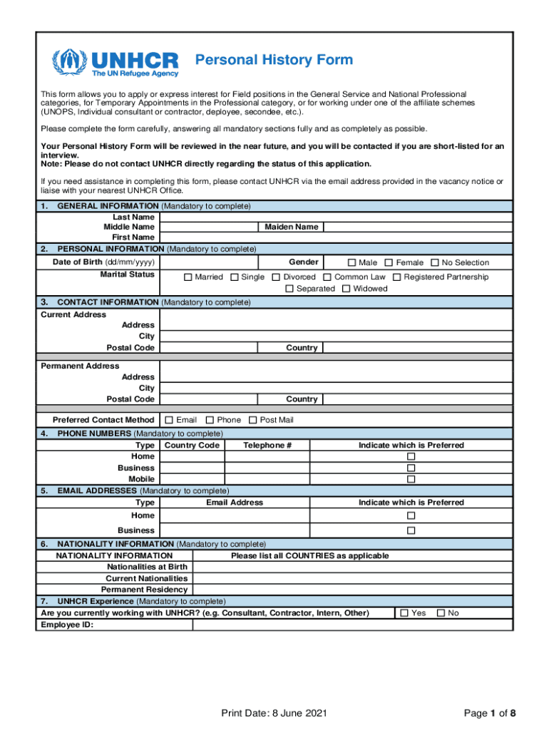  Personal History Form United Nations 2021-2024