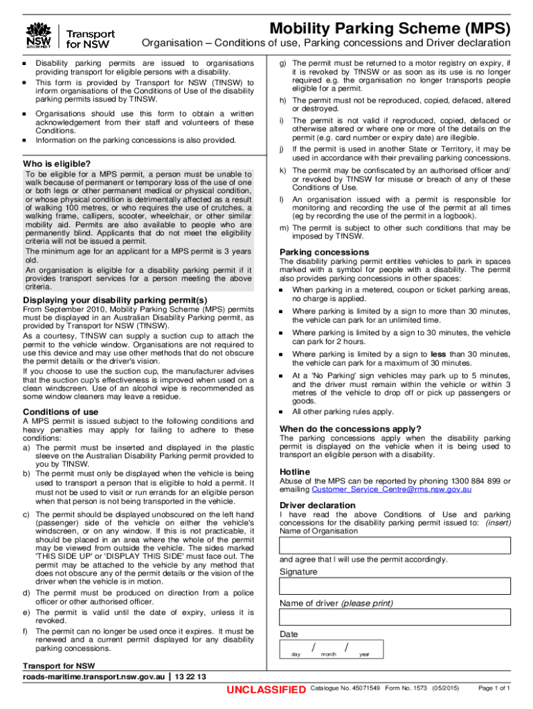  Organisation Conditions of Use, Parking Concessions and Driver Declaration 2015-2024