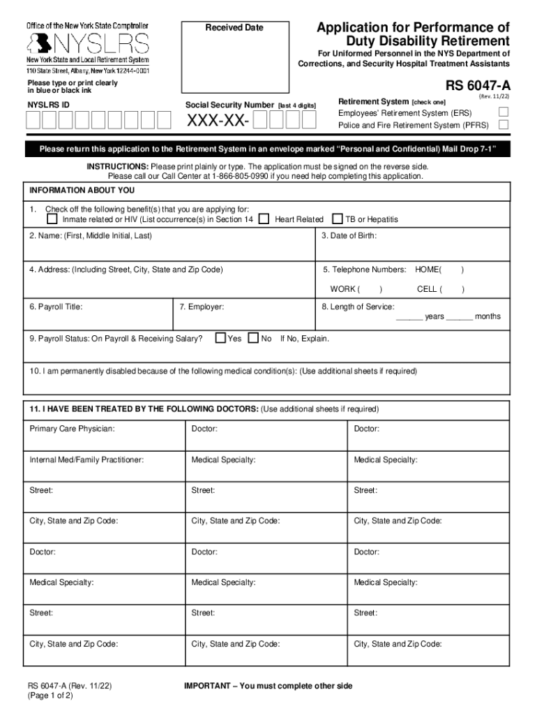  Application for Performance of Duty Disability Retirement RS6047 a for NYSLRS Correction Officers and Security Hospital Treatmen 2022-2024