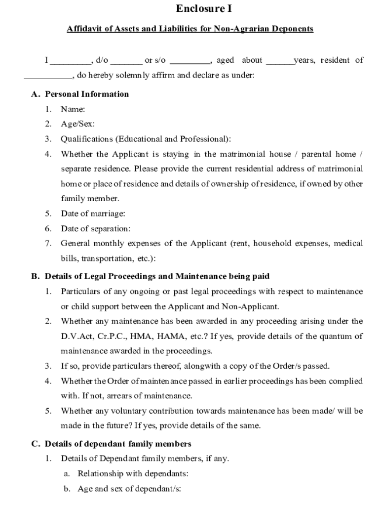 Affidavit of Assets and Liabilities for Non Agrarian Deponents  Form