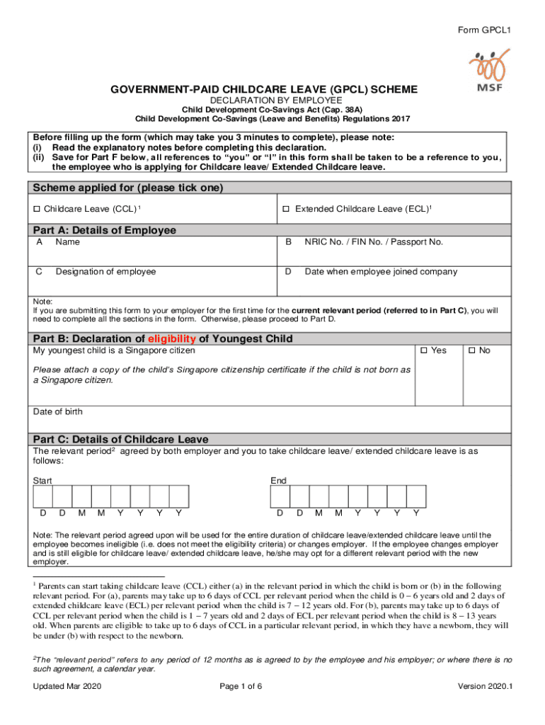  Form GPCL1 'Government Paid Childcare Leave Gpcl Scheme as an Employer, How Do I Claim Reimbursement for GOVERNMENT PAI 2020-2024