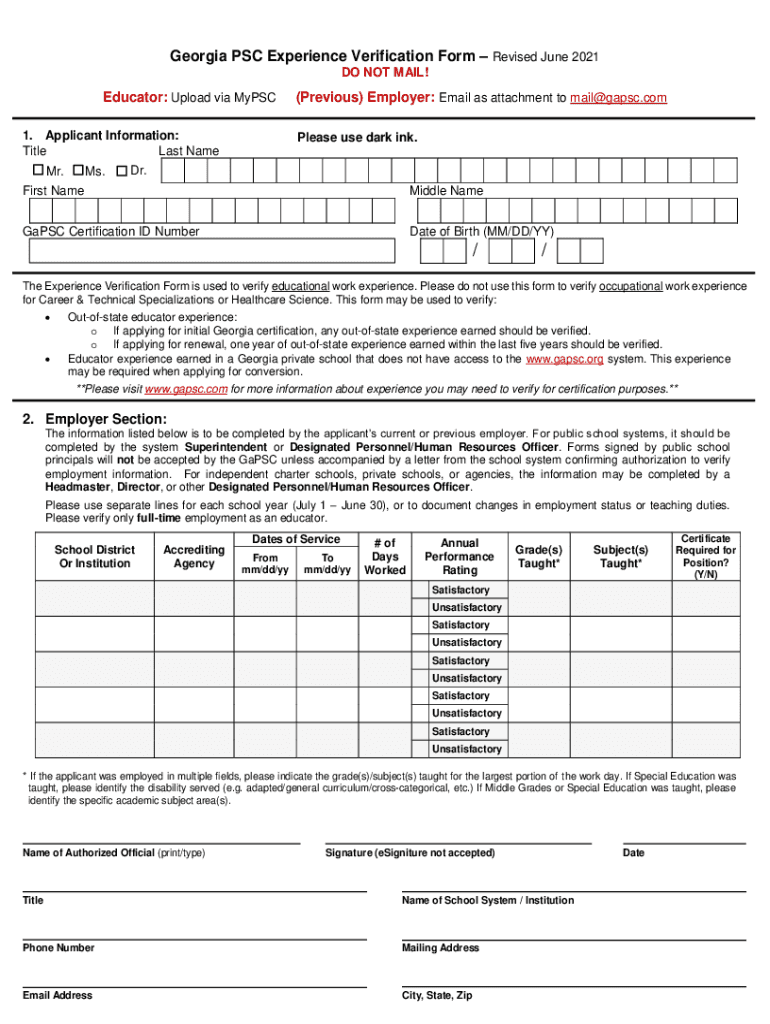  Georgia PSC Experience Verification Form Revised June 2021-2024