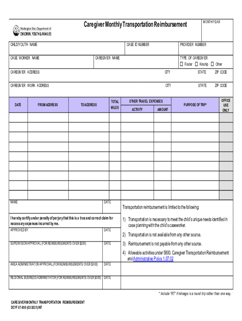DCYF Form 07 090 &amp;quot;Caregiver Monthly Transportation