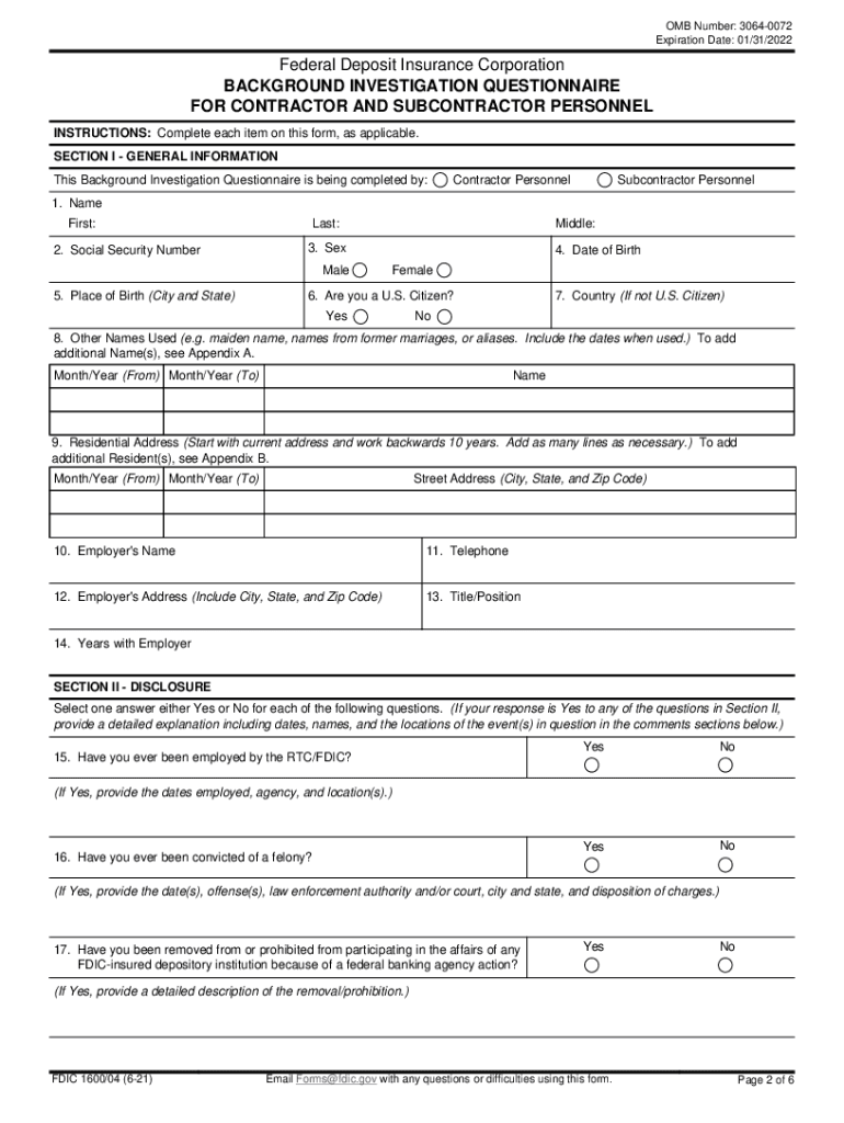 160004, Background Investigation Questionnaire for Contractor and Subcontractor Personnel for Questions on This Form, Email Form
