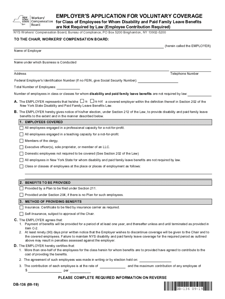  DB 136 Employer's Application for Voluntary Coverage for Class of Employees for Whom Disability and Paid Family Leave Benefits a 2019-2024