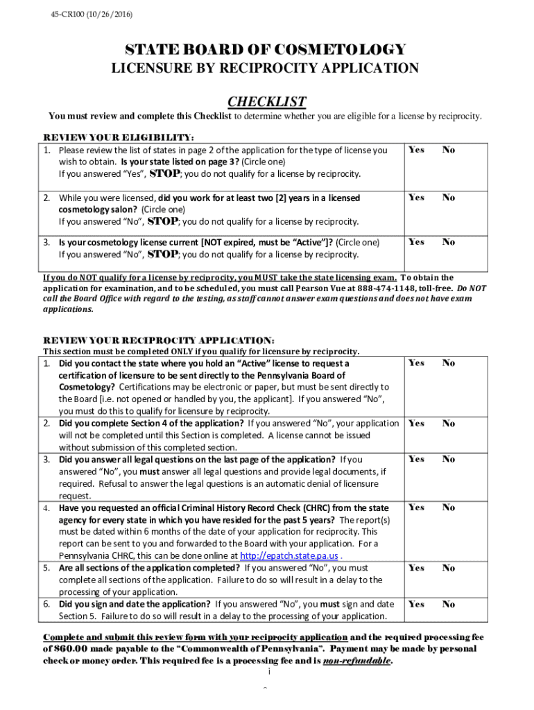  Pa Cosmetology License Reciprocity Form Fill and Sign 2016-2024