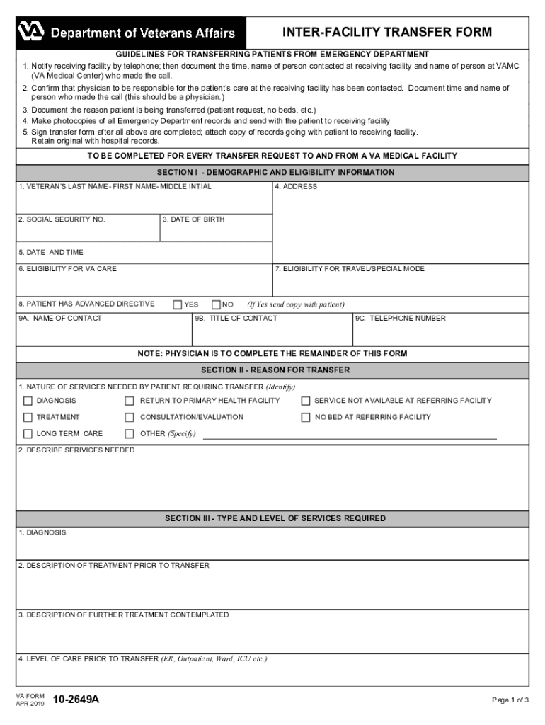  Interfacility Transfer of Emergency Care PatientsINTER FACILITY TRANSFER FORM VA Gov HomeVeterans AffairsInterfacility Transfer  2019-2024