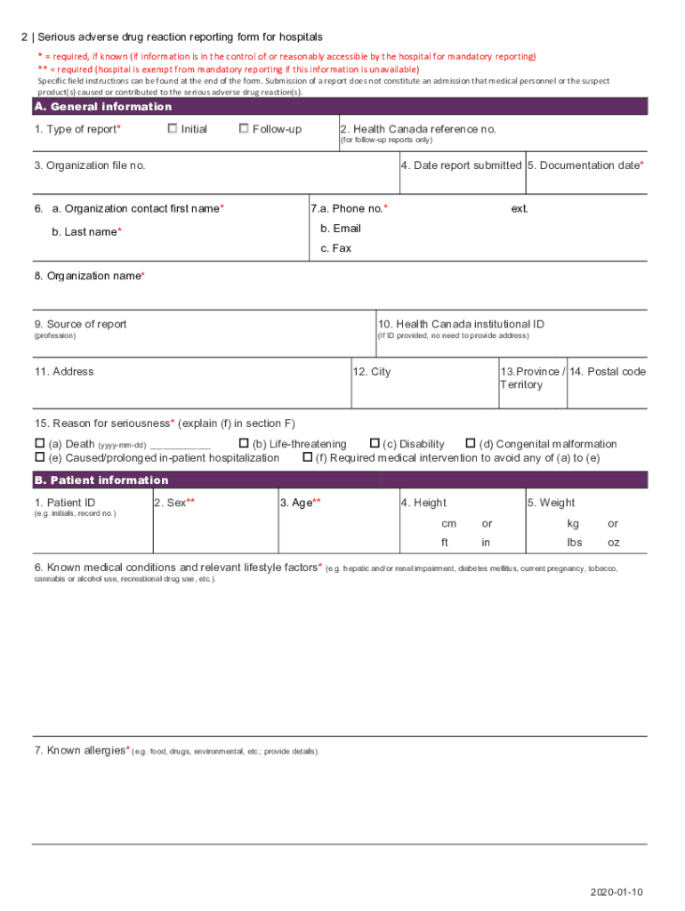 Serious Adverse Drug Reaction Reporting Form for Hospitals