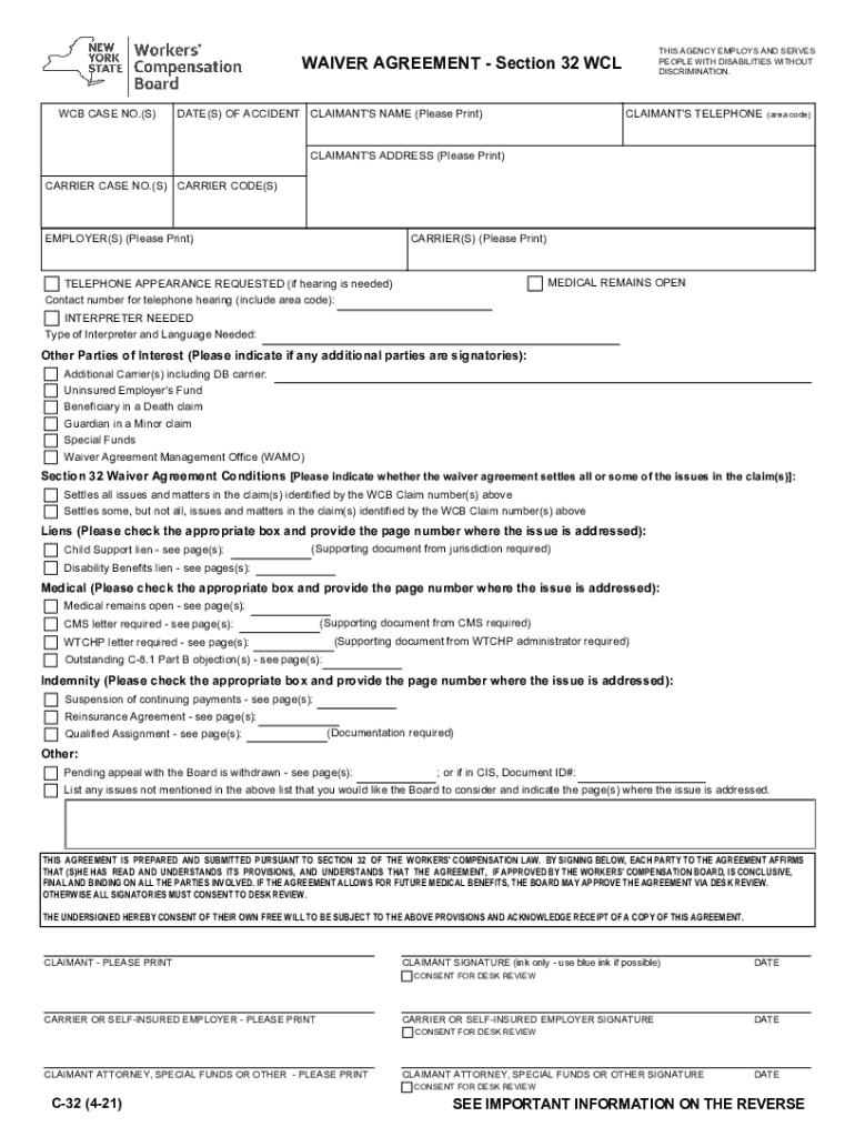  Form C 32 'Waiver Agreement Section 32 Wcl' New York 2021-2024