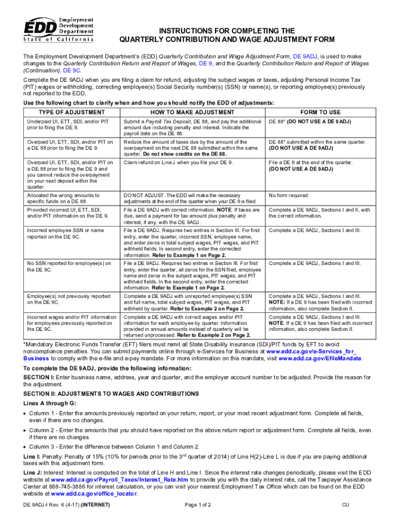  Instructions for Completing the Quarterly Contribution and Wage Adjustment Form DE 9ADJ DE 9ADJ I 2017-2024