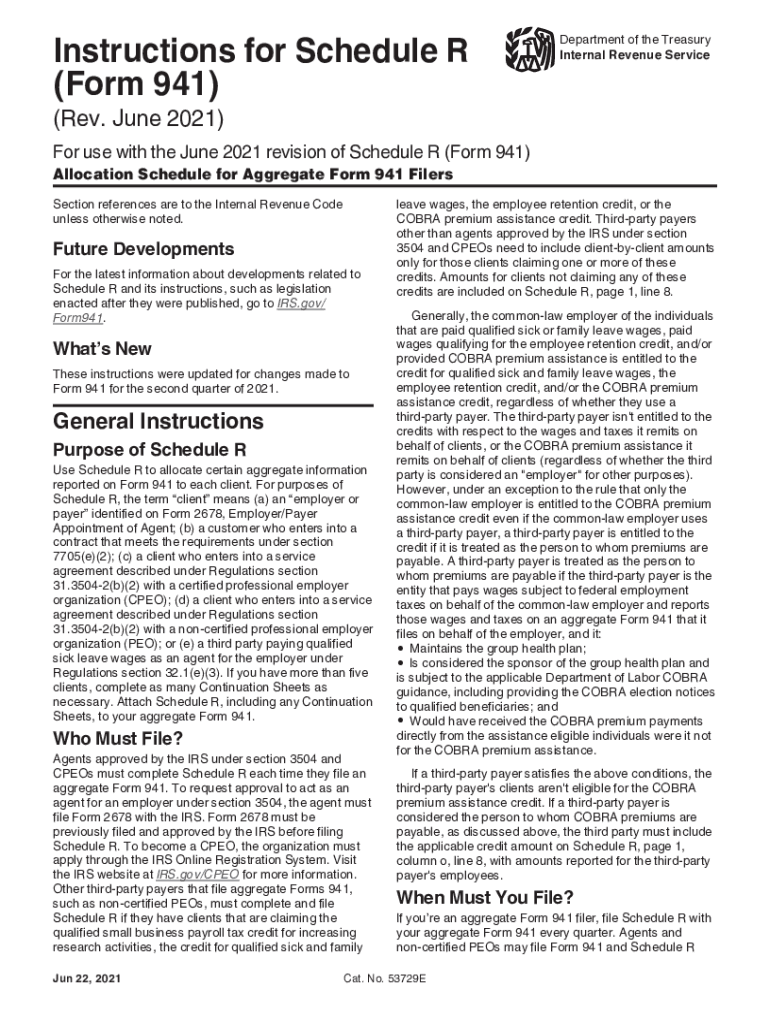  Instructions for Schedule R Form 941 Rev June Instructions for Schedule R Form 941, Allocation Schedule for Aggregate Form 941 F 2021