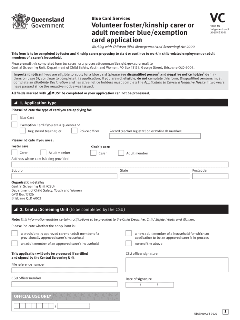  Volunteer Foster Kinship Carer or Adult Member Blueexemption Card Application Blue Card Application 2020