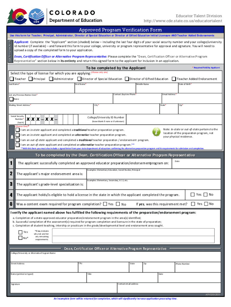  Colorado Approved Program Form 2021