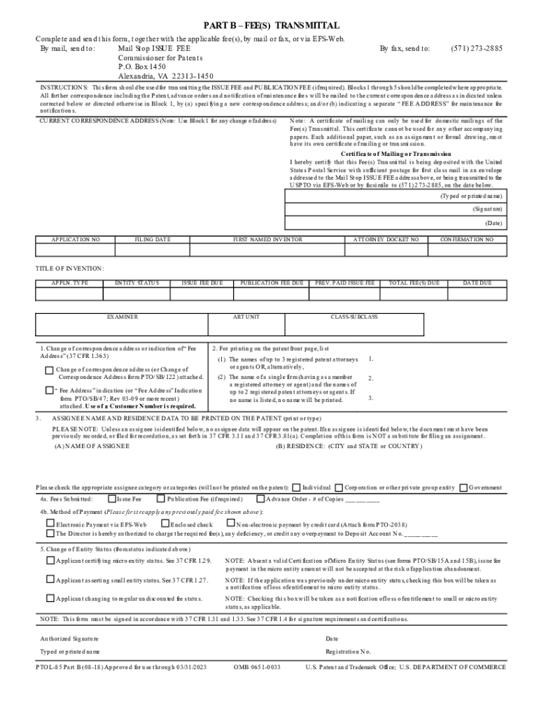  PTOL 85 Part B Fees Transmittal 2018