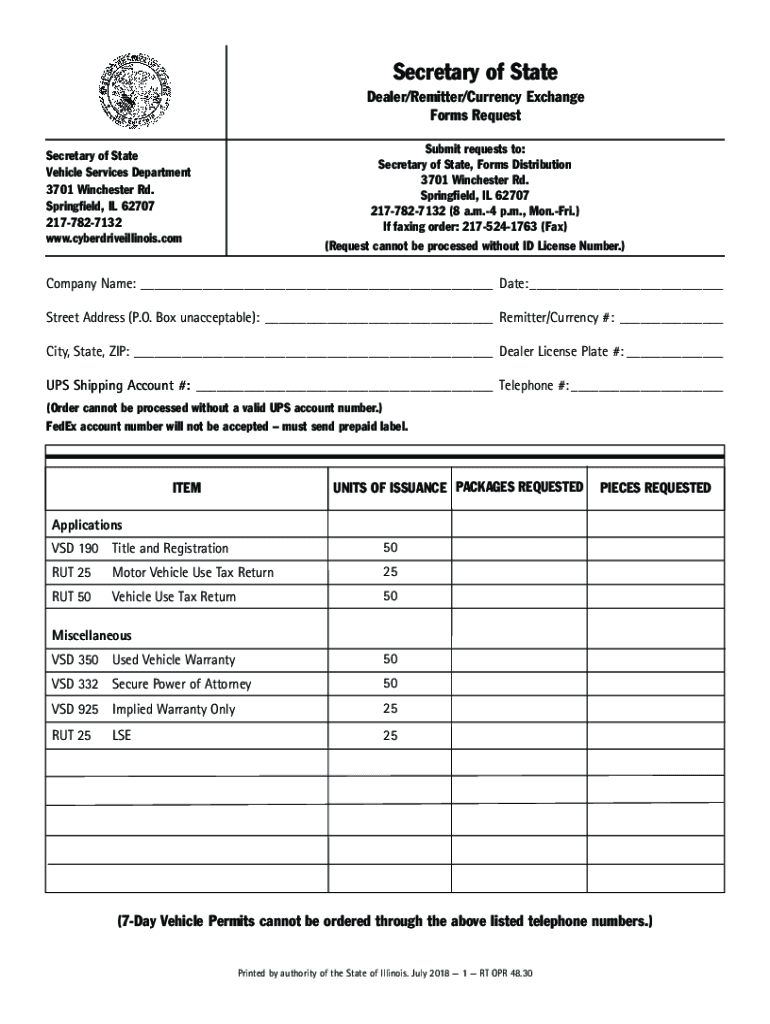 Illinois Secretary of State DealerRemitterCurrency Exchange Forms