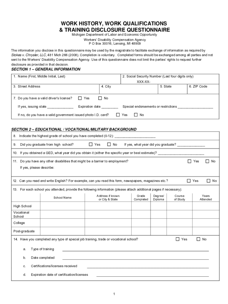  from WC 105A Work History, Qualifications & Training Disclosure 2019-2024