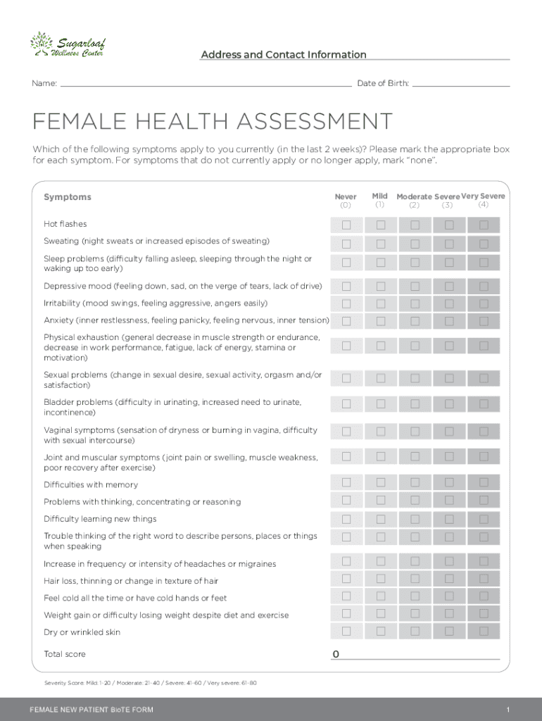 New Patient BioTE Form Female SWC Female New Patient BioTE Health Assessment Form