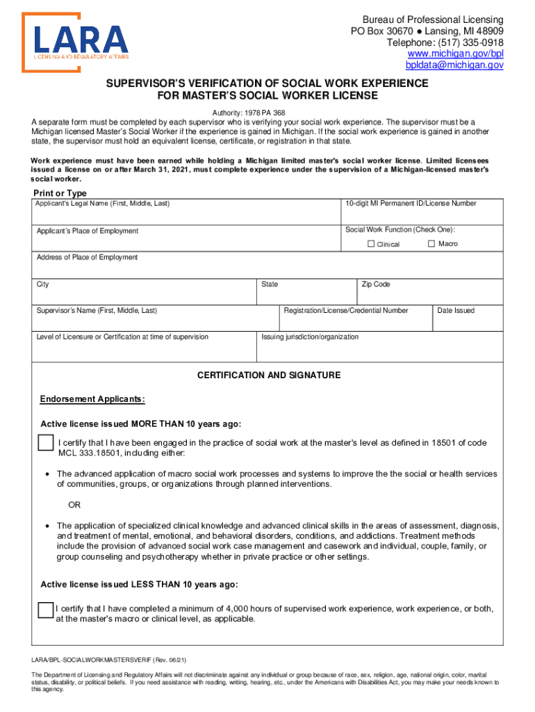 Get and Sign Supervisor's Verification of Social Work Experience for 2021-2022 Form