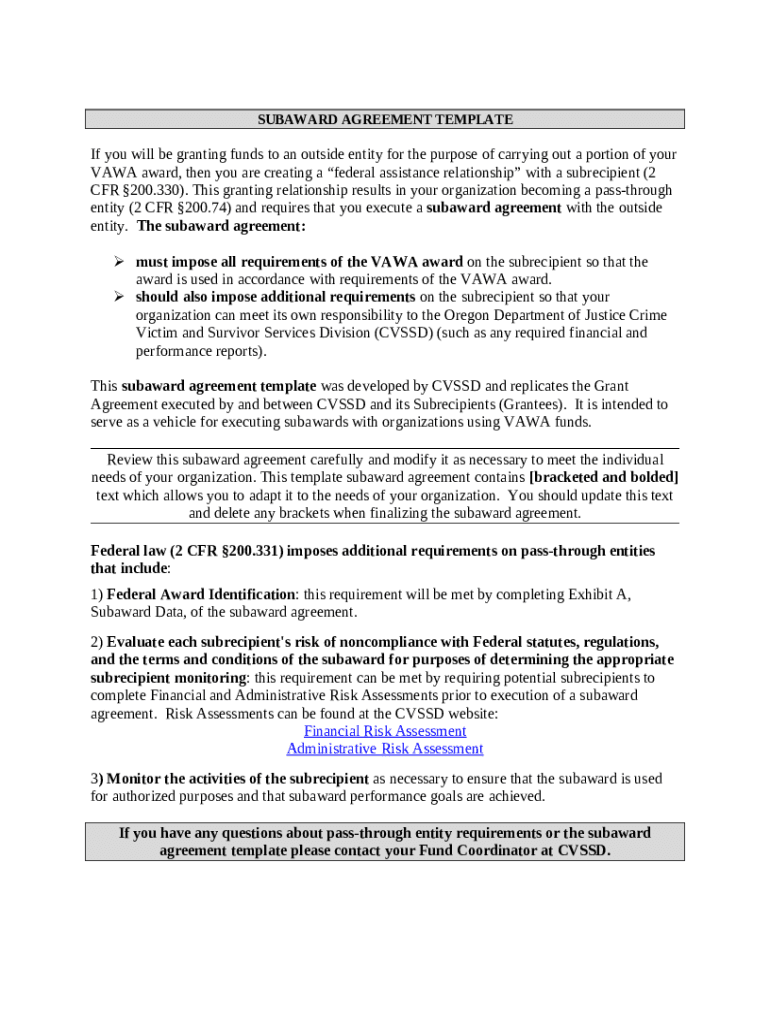 SUBAWARD AGREEMENT TEMPLATE Form