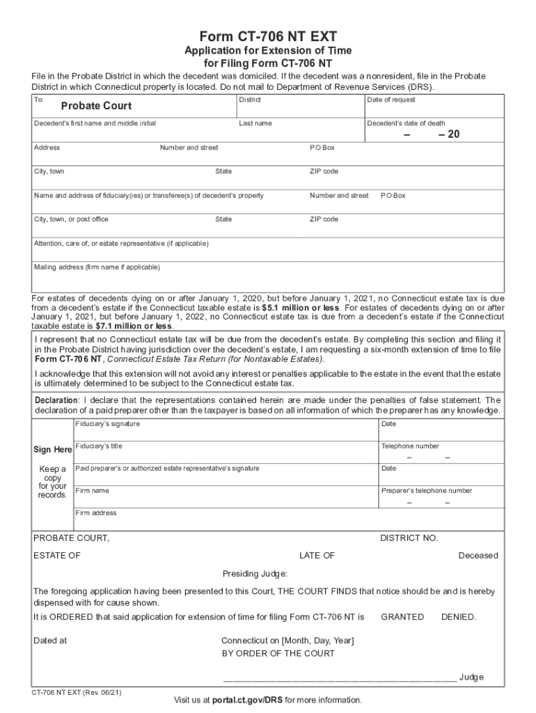  Form CT 706 NT Connecticut Estate Tax Return for Form CT 706 NT Connecticut Estate Tax Return for Form 4768 Application for Exte 2021