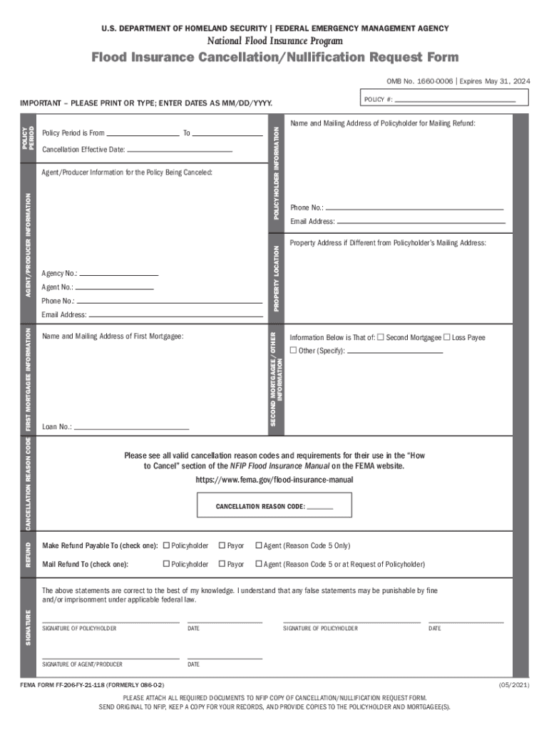 FF 206 FY 21 118 NFIP Flood Insurance CancellationNullification Request Form, May