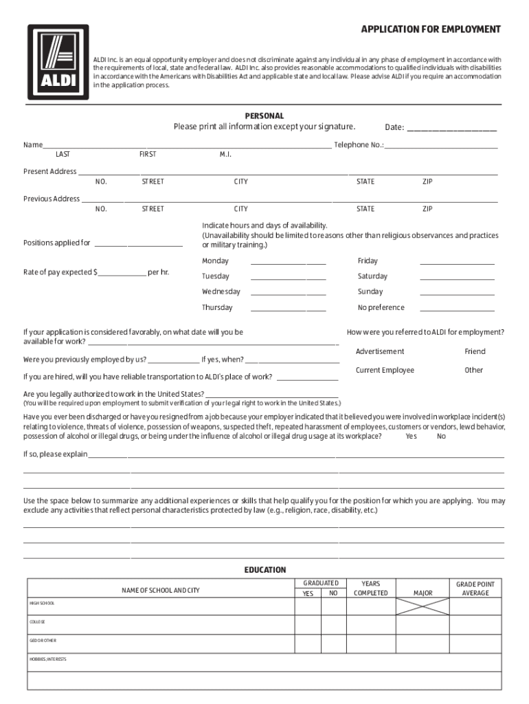  ALDI Job Application PDF Fill Out the ALDI Application Form for Employment Consideration at Your Local Grocery Store 2017-2024