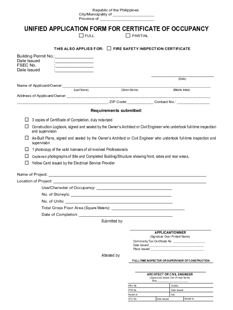 Unified Application Form for Certificate of Occupancy
