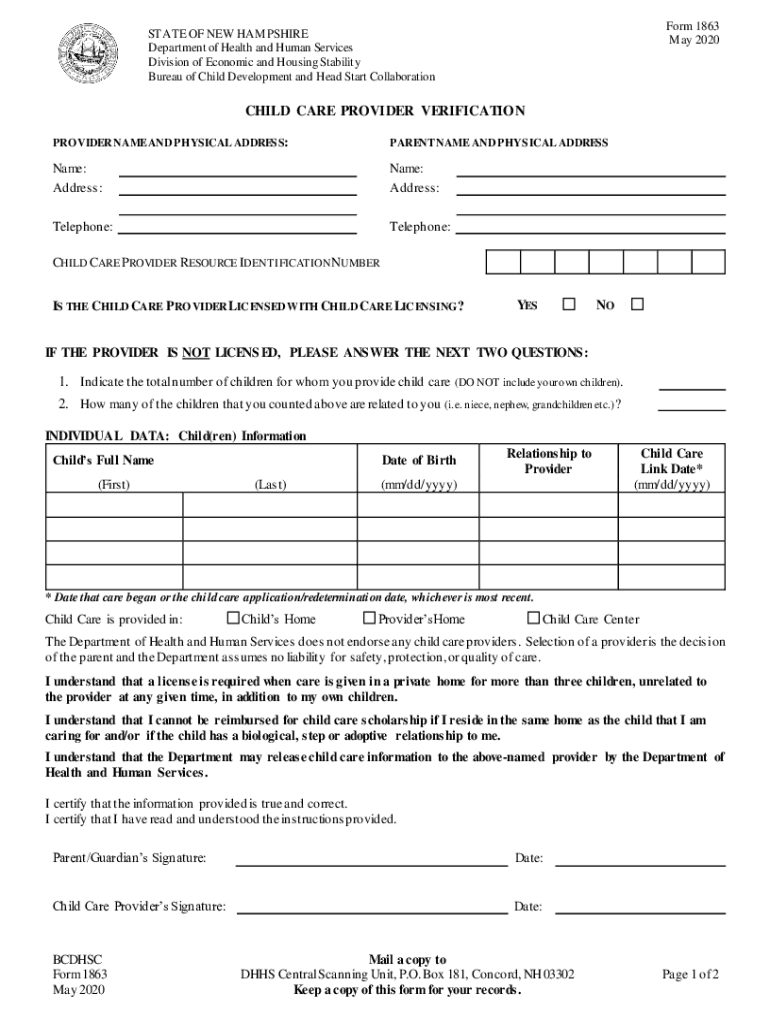 Child Care Provider Verification Form 1863