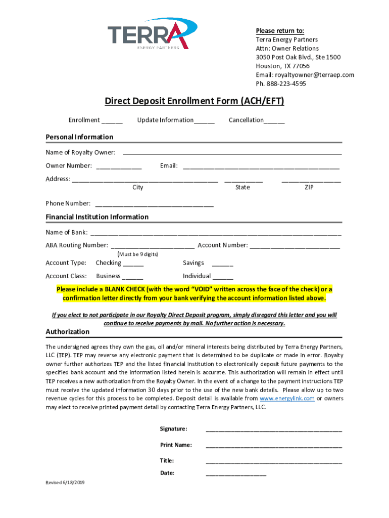 Terra Energy Partners Direct Deposit Enrollment Form