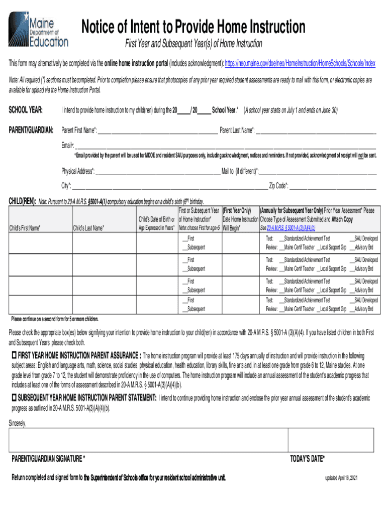 Notice of Intent to Provide Home Instruction Maine  Form