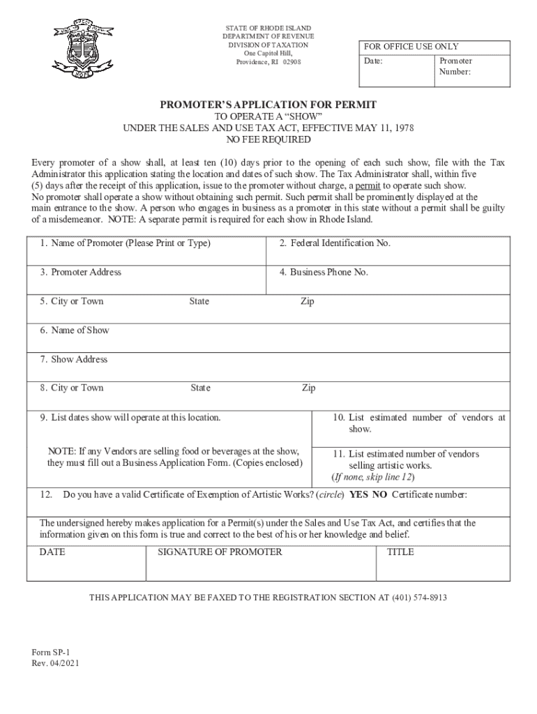  Form SP 1 &amp;quot;Promoter&#039;s Application for Permit&amp;quot; Rhode Island 2021-2024