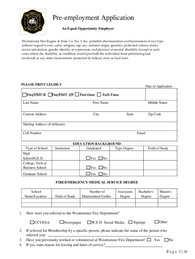 Pre Employment Application Westminstervfd Org  Form