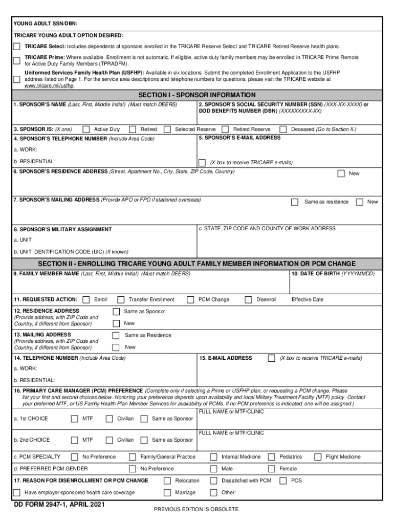  DD Form 2947 1, 'TRICARE Young Adult Application East Version' 2021