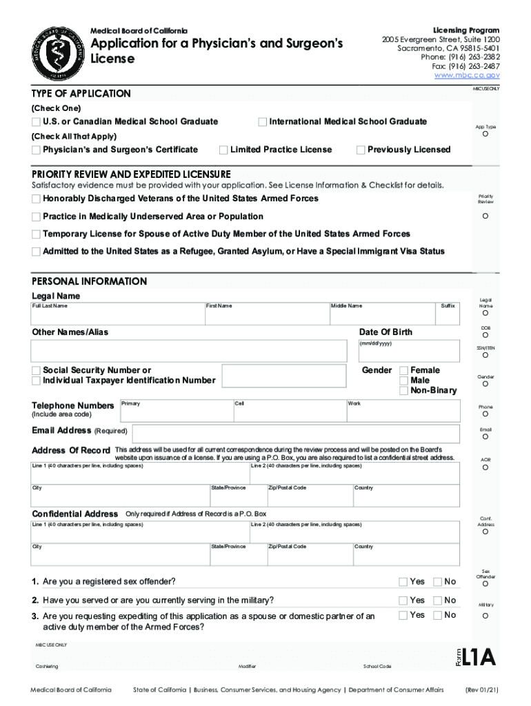 Application for a Physician and Surgeon License Forms L1A L1F Application for a Physician and Surgeon License Forms L1A L1F