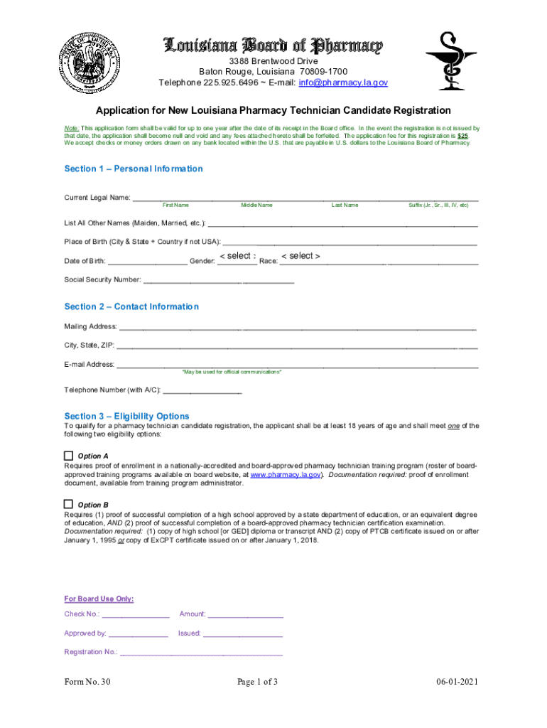Application for New Louisiana Pharmacy Technician  Form