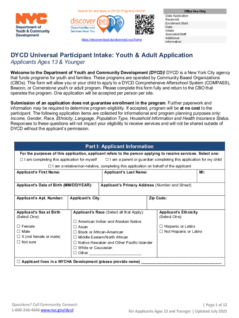 DYCD Universal Participant Intake Youth &amp;amp; Adult  Form